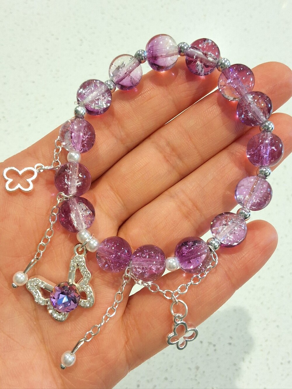 Beautiful Purple Beaded Butterfly Charm Bracelet Sparkly Silver Tone Jewelry